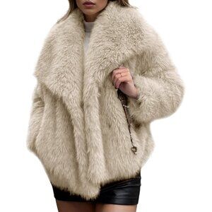 Womens Apricot Faux Fur Coat Fluffy Shaggy Long Sleeve Winter Warm Jacket